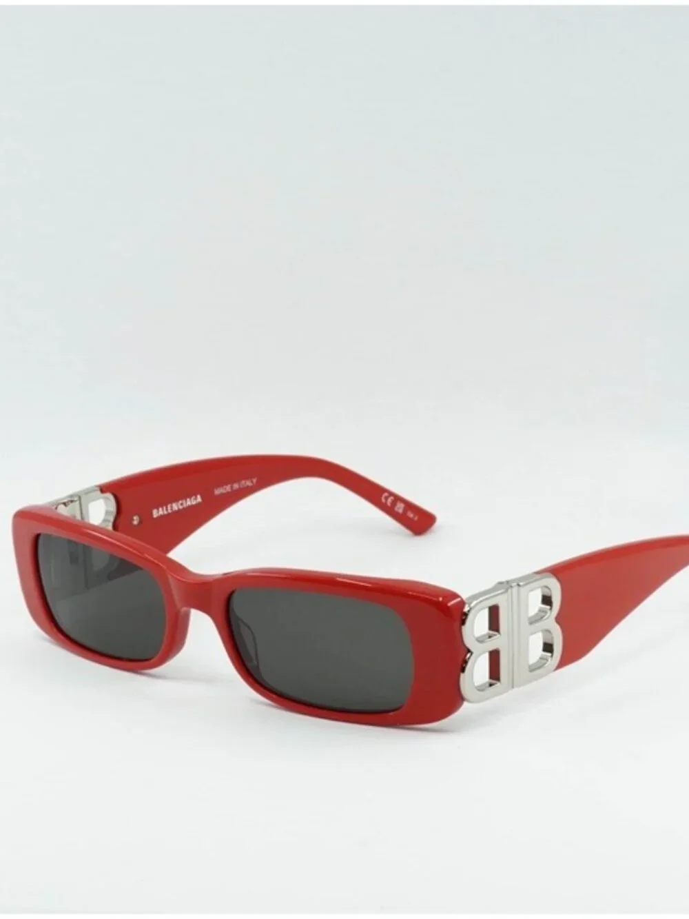 Balenciaga BB0096S 015 Sunglasses Solid Red Rectangle Frame, Grey Lenses